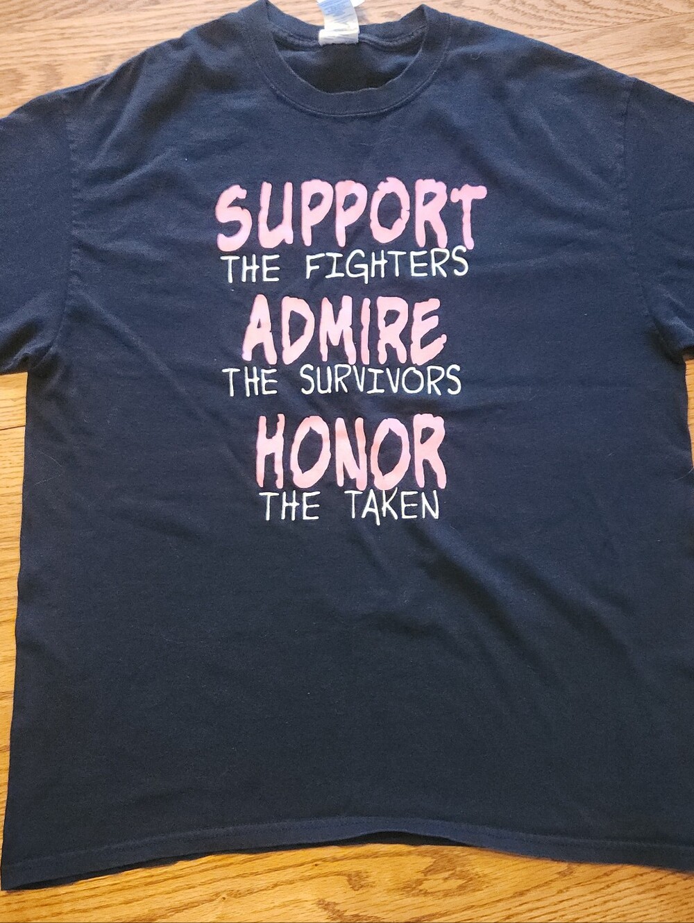 E28 Support Admire Honor Pink Ribbon Graphic Tee - Black w Pink & White Text